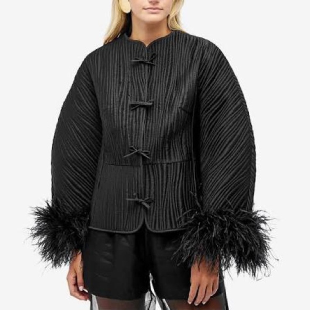 Sleeper Black Quilted Jacket with Feathered Cuffs